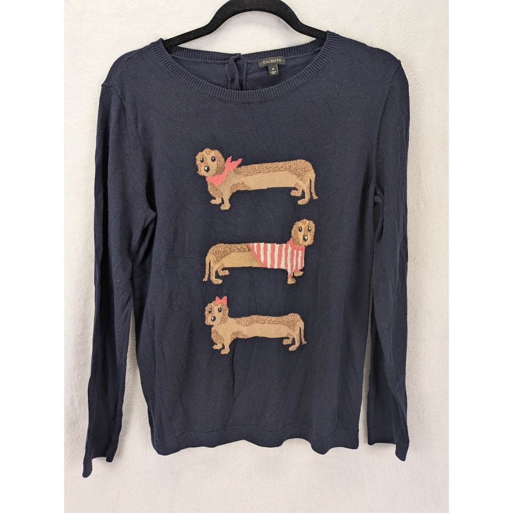 Talbot Lightweight Dachshund Sweater Medium Navy Preppy Grandmillennial Weiner